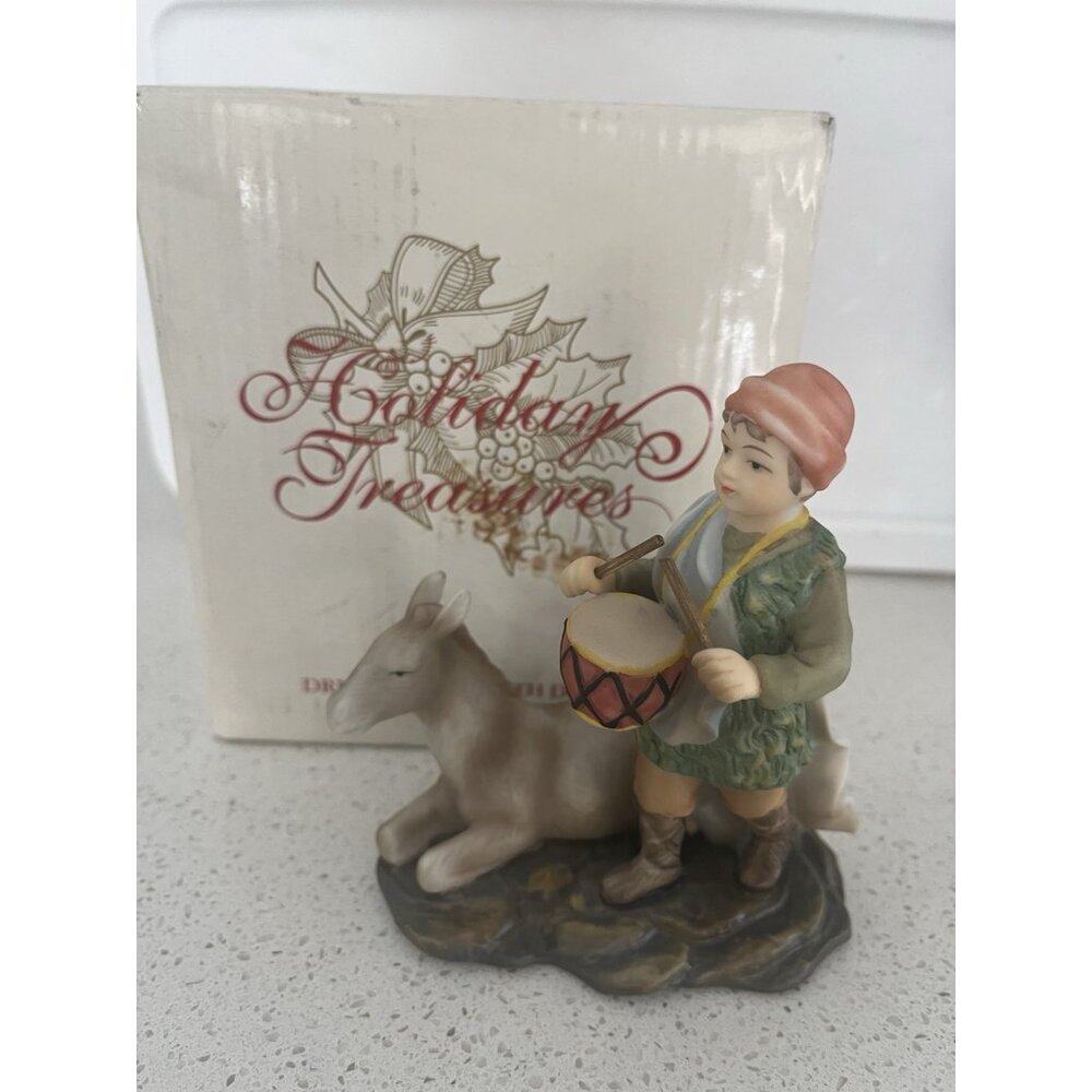 Vintage Little Drummer Boy w Donkey Figurine Holiday Treasures Avon New in Box